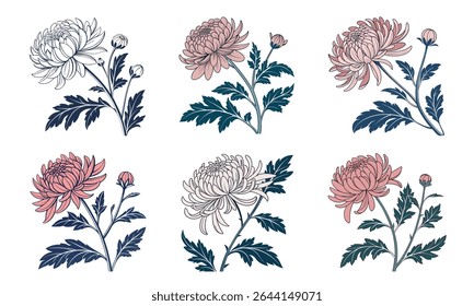 Elegant digital illustration featuring a bundle of six flowers in detailed art nouveau style