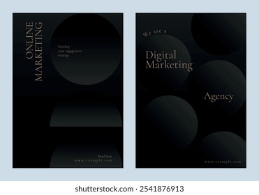 Elegantes carteles de agencia de marketing digital con tonos oscuros. Enfoque de marketing online. Diseño elegante para estrategias de marketing. Perfecto para profesionales del marketing. Conjunto de Plantilla de Vector de negocios negro.