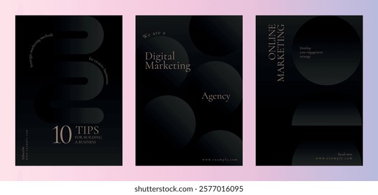 Elegant digital marketing agency posters with dark tones. Online marketing tips and strategies. Sleek design for business growth. Digital marketing focus. Black business vector template set.