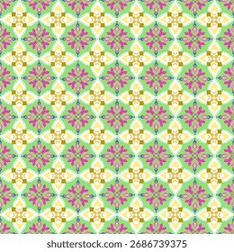 Elegant digital seamless pattern featuring golden floral motifs with pink and green geometric details, perfect for textile, wallpaper, and digital design projects.