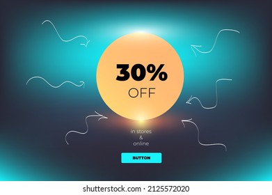 Elegant digital template with arrows drawing by hand and sticker with lettering 30 persents offer on the blurred blue background