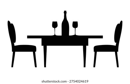 Elegant dining setup with wine bottle and glasses on a table with two chairs