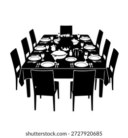 Elegante mesa de comedor con sillas, totalmente equipada con platos, vasos y cubiertos, lista para una comida.