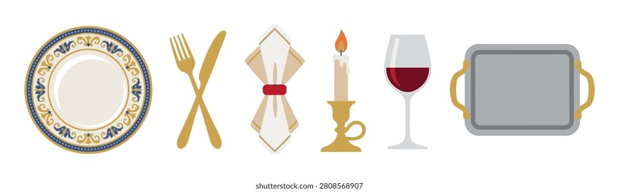 Elegant dinnerware and tableware icon set with a decorative plate, golden cutlery, napkin, lit candle, red wine glass, and a silver tray for a formal restaurant meal