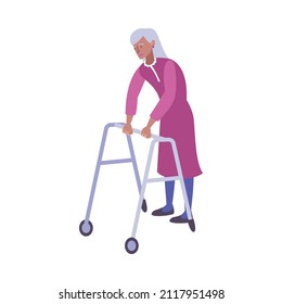 Elegant disabled senior woman with walking frame flat icon vector illustration