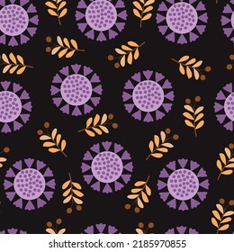 Elegant ditsy foliage texture. Vector floral seamless pattern design of exotic abstract branches of leaves and mandalas. Trendy repeating background for wallpaper, surface printing and textile