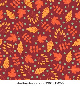Elegant ditsy foliage texture. Vector floral seamless pattern design of abstract branches of leaves and polka dots. Trendy repeating texture background for wallpaper, surface printing and textile