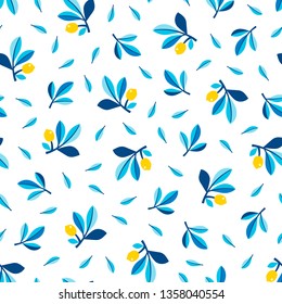 Elegant ditsy summer pattern with tossed lemon branches and leaves on white background. Seamless vector pattern design. Limited color palette in shades of blue with yellow details.