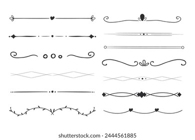 Elegante divisor de línea delgada remolino doodle colección separadora de borde étnico aislado sobre fondo blanco. Adorno floral, embellecer.