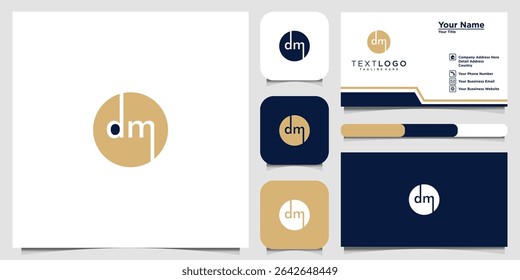 Diseño elegante del logotipo del monograma del DM con las maquetas de la tarjeta de visita y del icono del App