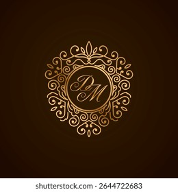 Elegant DM Monogram Logo with Golden Ornamental Frame on Dark Background – Luxury Initial Design