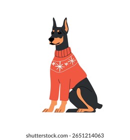 Elegant Doberman wearing a red holiday sweater with snowflake pattern. Flat cartoon style on white background. Perfect for Christmas cards, winter pet designs, and festive decor. Vector illustration