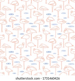 Elegant doodle graphic outline flamingo summer pattern. Hand drawn flamingo bird and lake on white background. Classy simple summer backdrop.