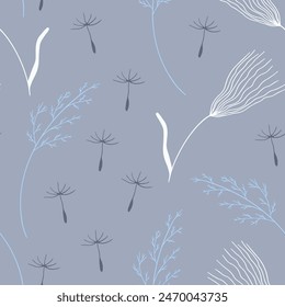 Elegante doodle sin patrón con hierba de plumas, plumas de diente de león y espiguillas en colores azul, blanco y gris