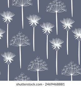 Elegant doodle seamless pattern in gray and white colors with wildflowers, steppe plants and spikelets