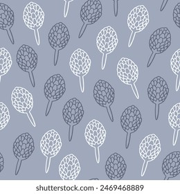 Elegant doodle seamless pattern in gray shades with hand-drawn little cones