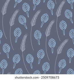 Elegant doodle seamless pattern in gray and white colors with wildflowers, steppe plants and spikelets