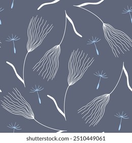 Elegant doodle seamless pattern in gray and white colors with wildflowers, steppe plants and spikelets