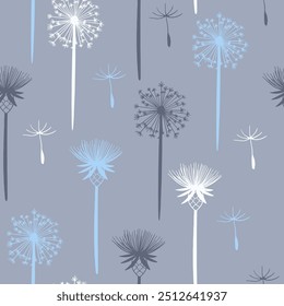 Elegant doodle seamless pattern in gray and white colors with wildflowers, steppe plants and spikelets