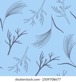 Elegant doodle seamless pattern on light blue background with various wildflowers and branches