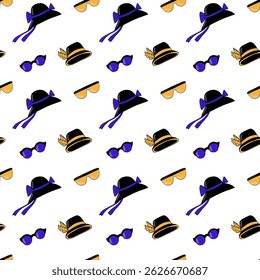Elegant doodle-style hats and glasses in blue and yellow hues, seamless pattern. Ideal for chic playful projects, fabric prints, packaging designs, summer collections, and retro-inspired layouts.