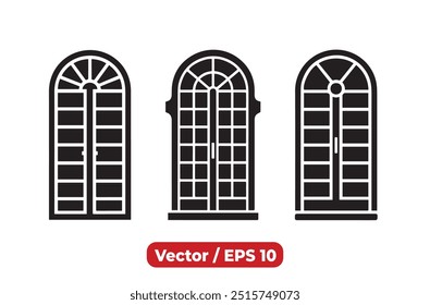 Elegante juego de Vectores para puertas y ventanas: puerta de vidrio arqueada, marco y Diseños de silueta