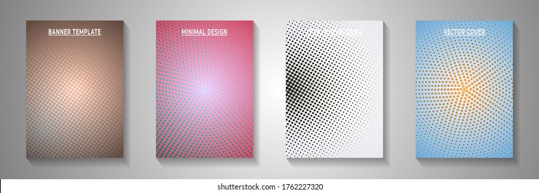 Elegant dot faded screen tone cover page templates vector batch. Scientific journal perforated screen tone backdrops. Retro manga comics style title page layouts. Distressed prints.