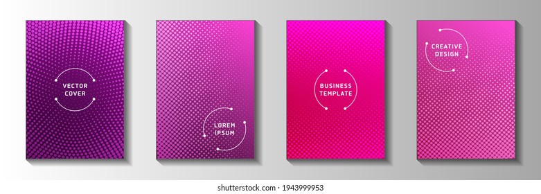 Elegant dot perforated halftone cover page templates vector collection. School banner faded halftone backdrops. Retro manga comics style cover layouts. Rectangle folders.