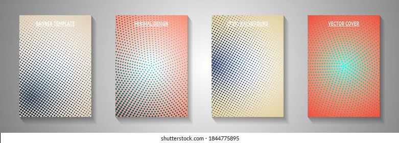 Elegant dot screen tone gradation title page templates vector kit. School brochure faded screen tone patterns. Retro comics style cover layouts. Optical effects.