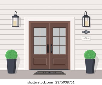 Elegant double front door with glass. Entrance to house with lanterns, plants and signs. Exterior concept for house entrances. Cartoon flat style. Vector illustration