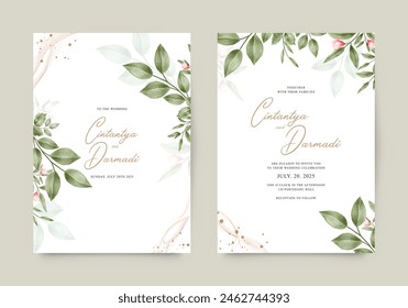 Elegante conjunto de Plantilla de invitación de boda de doble cara con hojas y flores