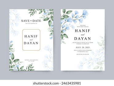 Elegante invitación de boda de doble cara con acuarela azul floral