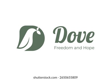 Elegant dove bird logo icons with D letter and leaf, symbolizing peace, freedom, and hope, ideal for wellness, environment, charity, or eco-friendly brand identity