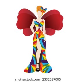 An elegant drag queen in abstract rainbow colourful dress with red butterfly shape wings for LGBTQ+ concept and for equality and diversity supporting. Vector illustration on white background