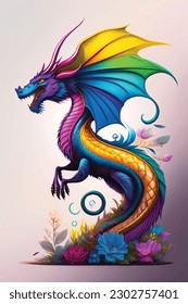 elegant dragon rainbow art vector illustration