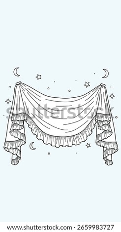 Elegant drape fabric with celestial moon accents and decorative ruffled edges