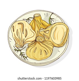 Elegant drawing of boiled or steamed Khinkali lying on plate. Appetizing Georgian dumplings. Traditional Caucasian meal with filling made of minced meat. Hand drawn vector illustration in retro style.