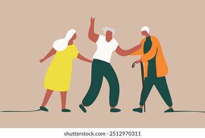 Dibujo elegante Hogar para ancianos, Imágenes positivas de personas que disfrutan de actividades, bailar, jugar. Imágenes vectoriales