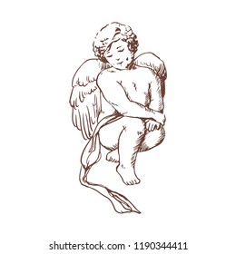Elegant drawing of lovely sitting Cupid isolated on white background. Little angel, god or deity of romantic love, mythological character with wings. Hand drawn monochrome vector illustration.