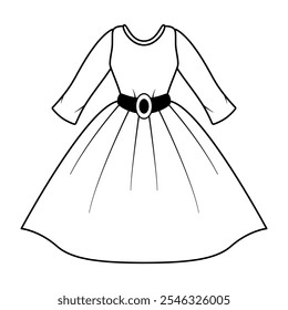 Elegant Dress with Belt Outline Vector. This is a simple black and white vector illustration of an elegant dress. The dress has long sleeves, a fitted bodice, a flared skirt.