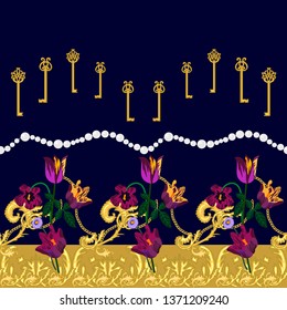 Elegant dress border with baroque motifs. Golden keys and floral ornaments on black background. Vintage textile collection.