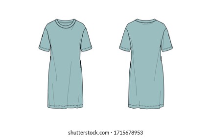 Elegant dress design, flat sketch, front and back views