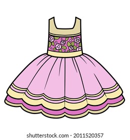 Elegant dress with a fluffy skirt and an ornament of roses on the bodicet color variation for coloring page isolated on white background