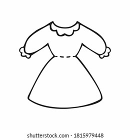 Elegant dress for girls, girls, women, hand-drawn. Isolated vector Doodle illustration of women's clothing on a white background. Black outline sketch of a maid's dress. Icon, a single item for the wa