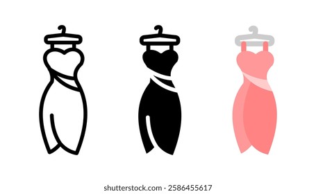 Elegant dress icon. Fashion gown sign. Formal evening wear symbol. Stylish clothing for special occasions pictogram. Luxury and beauty illustration.