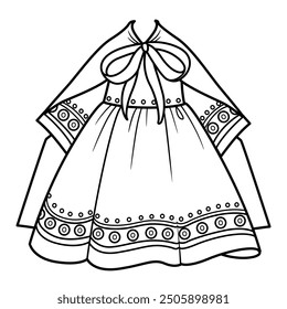 Elegant dress with an ornament and a cloak tied with a bow. Image produced without the use of any form of AI software at any stage.
