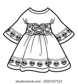Elegant dress with an ornament of skulls and a lace-up corset. Image produced without the use of any form of AI software at any stage.