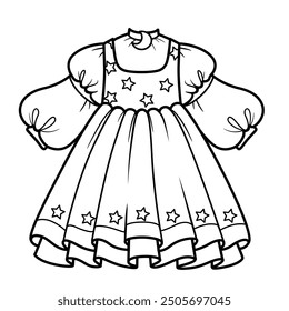 Elegant dress with stars and a crescent moon clip on the stand-up collar. Image produced without the use of any form of AI software at any stage.