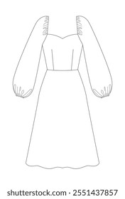 Elegant dress with sweetheart neckline, fitted bodice, and puffed long sleeves drawn as a technical sketch in a minimalist style