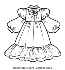 Elegant dress for a witch costume with a skull brooch. Image produced without the use of any form of AI software at any stage.
